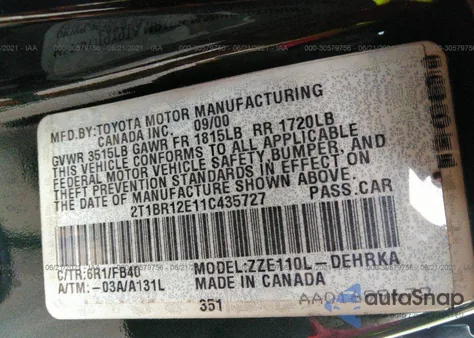 2001 Toyota Corolla Ce z USA, uszkodzony, nr VIN 2T1BR12E11C435727